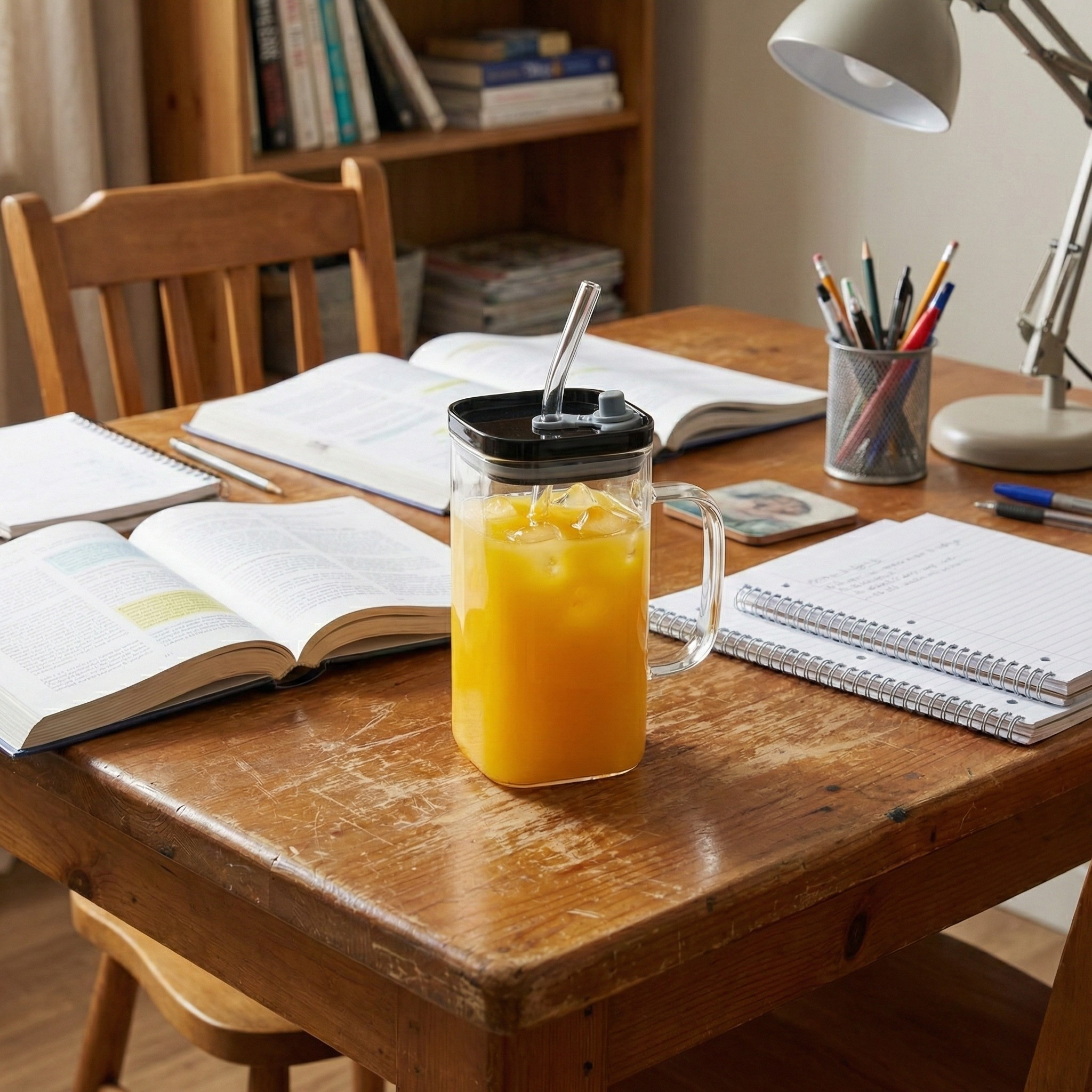 Square Glass with lid and straw