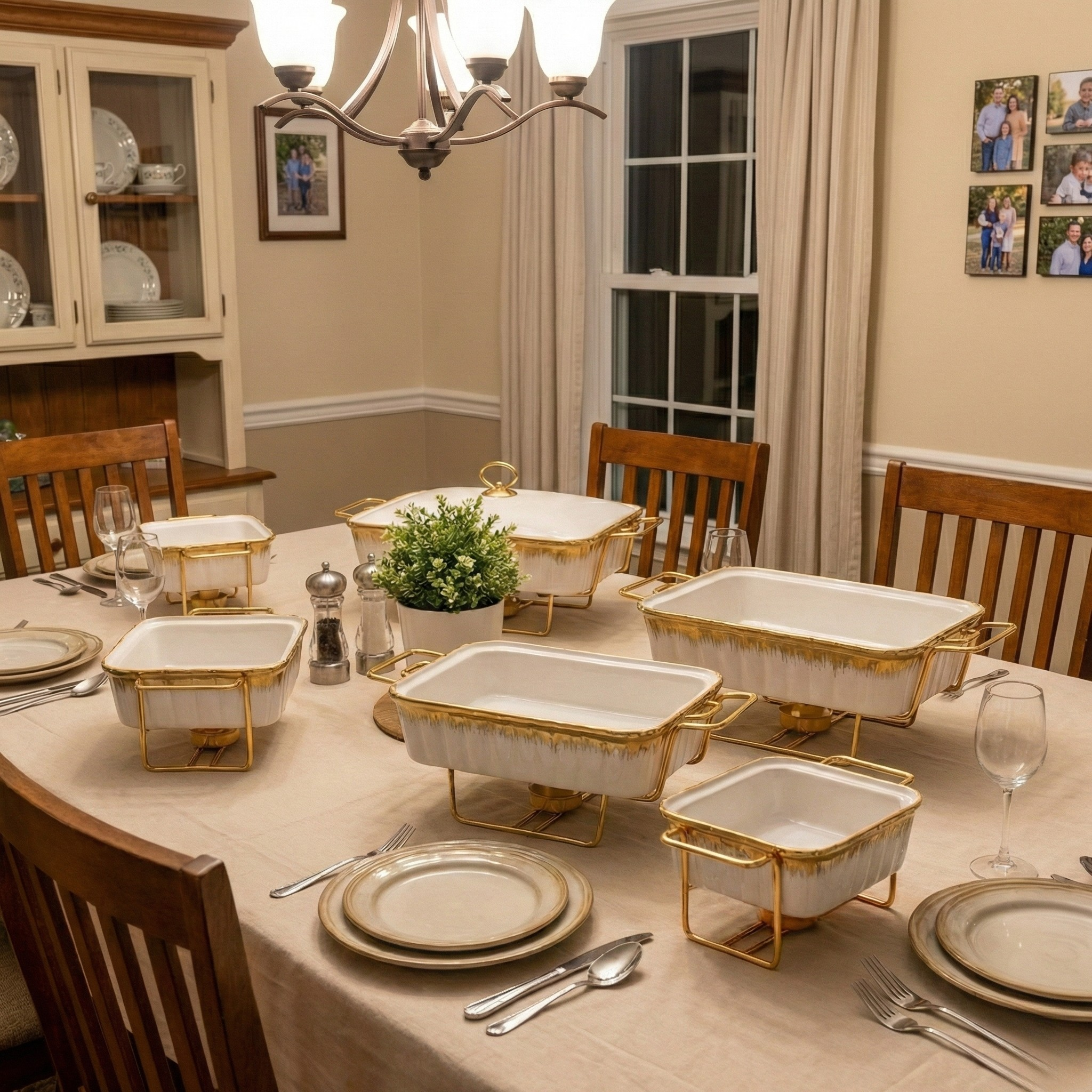 9pcs Luxury White Ceramic Chafing Dish Buffet Set with Gold Stand & Candle Warmer