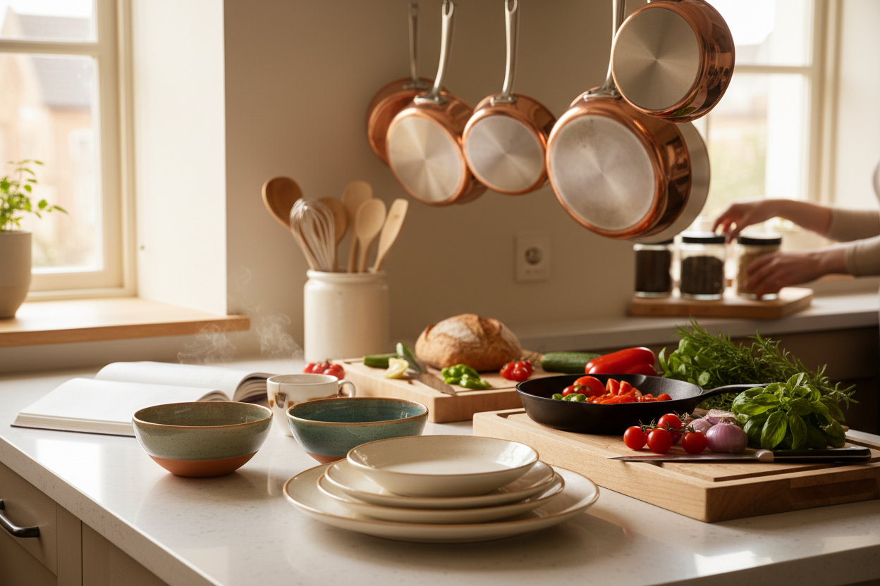 Lifestyle kitchen scene with plates and pots